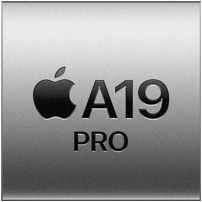 مربع فضي يحمل شعار Apple وعبارة A19 Pro للإشارة إلى شريحة A19 Pro
