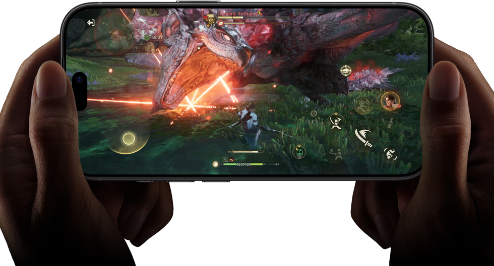جهاز iPhone 18 Pro، الجهة الخارجية الأمامية، يعرض قدرات أداء شريحة A20 Pro مع مشهد من لعبة
Monster Hunter Outlanders