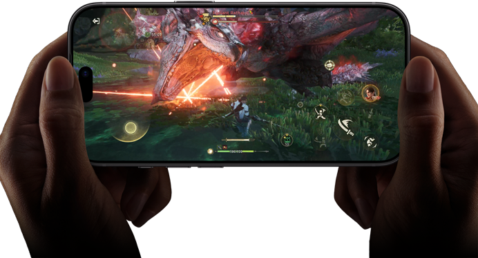 جهاز iPhone 18 Pro، الجهة الخارجية الأمامية، يعرض قدرات أداء شريحة A20 Pro مع مشهد من لعبة
Monster Hunter Outlanders