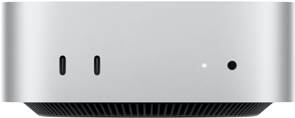 جهاز Mac mini، الجهة الأمامية، 2 من منافذ ثندربولت، ضوء مؤشر التشغيل ومقبس لسماعات الرأس، قاعدة سوداء مدببة في الأسفل، سطح مسطح، جوانب مدورة، حواف مستقيمة، لون فضي