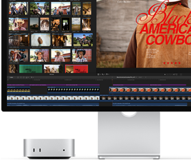 جهاز Mac mini مقترن بشاشة Studio Display، شاشة تعرض شاشة العنوان لفيلم Black American Cowboy في الجهة اليمنى، مجموعة متعددة من الصور الثابتة في الجهة اليسرى