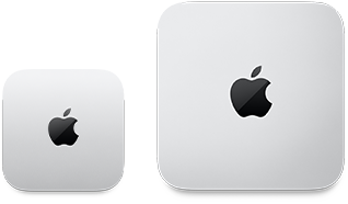 اثنان من أجهزة Mac mini، الجهة العلوية، ألومنيوم فضي، زوايا مدورة، شعار Apple باللون الأسود اللامع في الوسط، الجهاز على اليسار هو إصدار محدّث وأصغر من نصف حجم الجهاز على اليمين