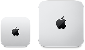 اثنان من أجهزة Mac mini، الجهة العلوية، ألومنيوم فضي، زوايا مدورة، شعار Apple باللون الأسود اللامع في الوسط، الجهاز على اليسار هو إصدار محدّث وأصغر من نصف حجم الجهاز على اليمين