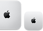 اثنان من أجهزة Mac mini، الجهة العلوية، ألومنيوم فضي، زوايا مدورة، شعار Apple باللون الأسود اللامع في الوسط، الجهاز على اليسار هو إصدار محدّث وأصغر من نصف حجم الجهاز على اليمين