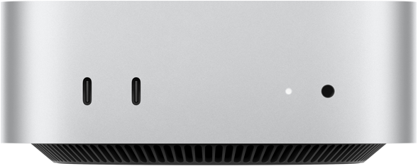 Mac mini, front, two Thunderbolt ports, status indicator light and headphone jack, tapered black base at bottom, flat top, rounded sides, straight edges, silver color