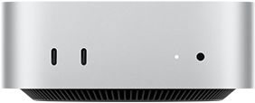 Mac mini, front, two Thunderbolt ports, status indicator light and headphone jack, tapered black base at bottom, flat top, rounded sides, straight edges, silver color