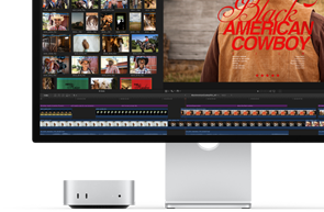 Mac mini paired with Studio Display, screen shows a title screen from a film titled Black American Cowboy on the right, several image stills on the left