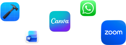 أيقونات لتطبيقات متنوعة معروضة بشكل مبعثر تشمل Zoom وWhatsApp وCanva وMicrosoft Word وXcode