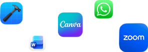 أيقونات لتطبيقات متنوعة معروضة بشكل مبعثر تشمل Zoom وWhatsApp وCanva وMicrosoft Word وXcode