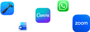 أيقونات لتطبيقات متنوعة معروضة بشكل مبعثر تشمل Zoom وWhatsApp وCanva وMicrosoft Word وXcode