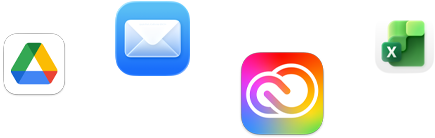 أيقونات لتطبيقات متنوعة معروضة بشكل مبعثر تشمل Microsoft Excel وAdobe Creative Cloud وApple Mail وGoogle Drive