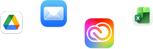 أيقونات لتطبيقات متنوعة معروضة بشكل مبعثر تشمل Microsoft Excel وAdobe Creative Cloud وApple Mail وGoogle Drive