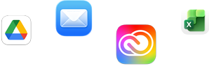 أيقونات لتطبيقات متنوعة معروضة بشكل مبعثر تشمل Microsoft Excel وAdobe Creative Cloud وApple Mail وGoogle Drive