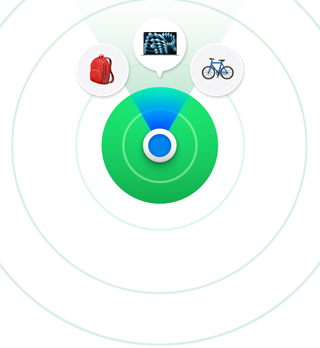 Find My icon with three circle icons above: a red color backpack, an opened MacBook, and a blue color bicycle