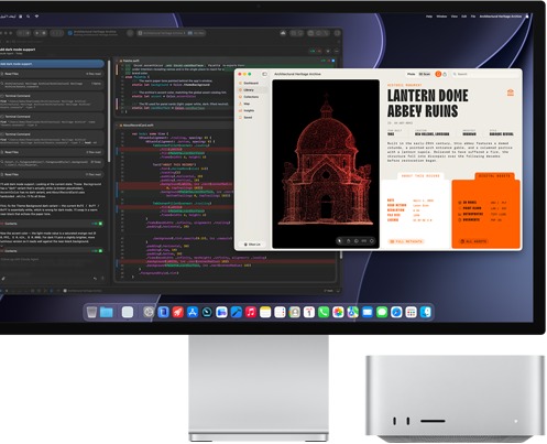شاشة Studio Display XDR، شاشة تعرض مستنداً قيد المعالجة باستخدام Claude Agent في XCode، جهاز Mac Studio، الجهة الأمامية