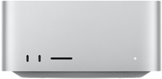 جهاز Mac Studio، الجهة الأمامية، 2 من منافذ USB‑C، فتحة بطاقة SDXC، ضوء مؤشر التشغيل، قاعدة مدببة في الأسفل، سطح مسطح، جوانب مدورة، حواف مستقيمة، لون فضي، جهاز Mac Studio، الجهة الخلفية، فتحات تهوية من الألومنيوم، 4 من منافذ ثندربولت 5، منفذ إيثرنت، مقبس طاقة واحد، 2 من منافذ USB-A، منفذ HDMI، مقبس لسماعات الرأس، وزر تشغيل