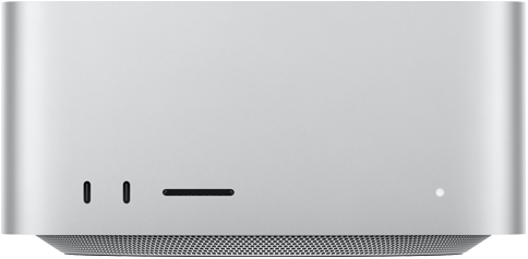 جهاز Mac Studio، الجهة الأمامية، 2 من منافذ USB‑C، فتحة بطاقة SDXC، ضوء مؤشر التشغيل، قاعدة مدببة في الأسفل، سطح مسطح، جوانب مدورة، حواف مستقيمة، لون فضي