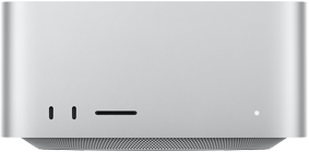 جهاز Mac Studio، الجهة الأمامية، 2 من منافذ USB‑C، فتحة بطاقة SDXC، ضوء مؤشر التشغيل، قاعدة مدببة في الأسفل، سطح مسطح، جوانب مدورة، حواف مستقيمة، لون فضي