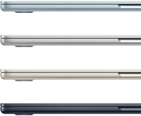 الجزء الخارجي الجانبي لأربعة أجهزة MacBook Air تعرض أربعة ألوان مختلفة