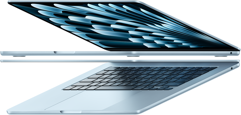 Two open MacBook Air laptops in sky blue color forming arrow shape, emphasizing narrow profile