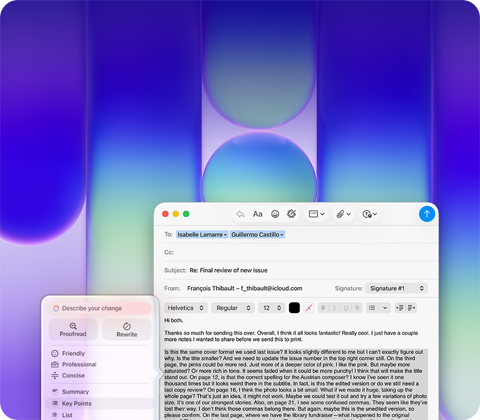 شاشة MacBook Neo، أدوات الكتابة في Apple Intelligence قيد الاستخدام في تطبيق البريد لمراجعة فقرة طويلة في إيميل تحتوي على ملاحظات عن منشور
