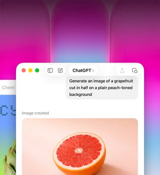 MacBook Neo screen, using ChatGPT to generate image of grapefruit, second window shows image of artichoke on gradient background in Keynote
