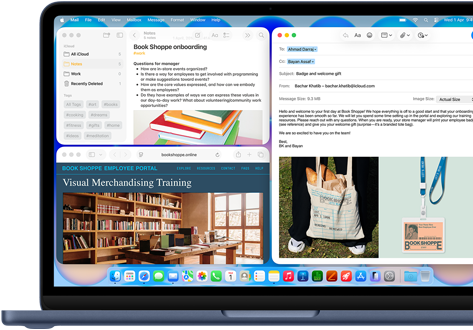 MacBook Neo, indigo color, screen shows composing a welcome email to new employee of bookstore, other tiled windows contain Notes doc about onboarding and bookstore's employee portal website in Safari
