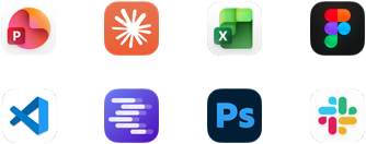 أيقونات تطبيقات Microsoft PowerPoint، وClaude من Anthropic، وMicrosoft Excel، وFigma، وVisual Studio Code، وLM Studio، وAdobe Photoshop، وSlack‏