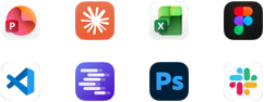 أيقونات تطبيقات Microsoft PowerPoint، وClaude من Anthropic، وMicrosoft Excel، وFigma، وVisual Studio Code، وLM Studio، وAdobe Photoshop، وSlack‏