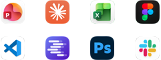 أيقونات تطبيقات Microsoft PowerPoint، وClaude من Anthropic، وMicrosoft Excel، وFigma، وVisual Studio Code، وLM Studio، وAdobe Photoshop، وSlack‏