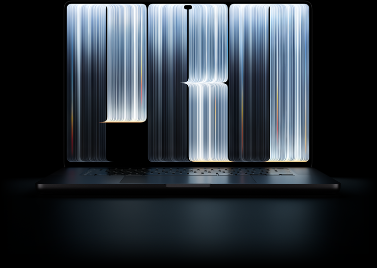 جهاز MacBook Pro مع شاشة PROLED XDR، لون أسود فلكي، الشاشة تعرض أجساماً على شكل شرائط مزينة بكثافة بخطوط متوهجة متفاوتة العرض تشكل معاً كلمة Pro‏‏