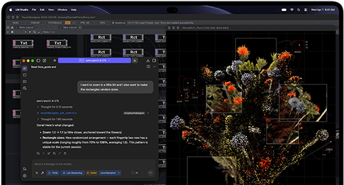 جهاز MacBook Pro مع شاشة PROLED XDR، لون أسود فلكي، الشاشة تعرض صورة يتم إنشاؤها باستخدام TouchDesigner وLM Studio‏