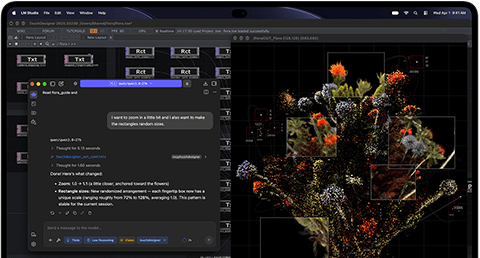 جهاز MacBook Pro مع شاشة PROLED XDR، لون أسود فلكي، الشاشة تعرض صورة يتم إنشاؤها باستخدام TouchDesigner وLM Studio‏‏