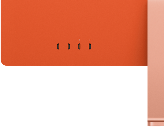 لقطة مقربة للجزء الخلفي من iMac تُظهِر 2 من منافذ ثندربولت/ USB 4 و2 من منافذ USB 3 في الزاوية السفلية اليسرى