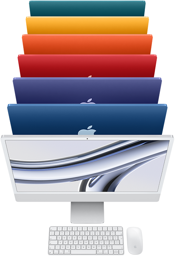 Top view of 7 iMac's with colors silver, blue, purple, pink, orange, yellow and green.