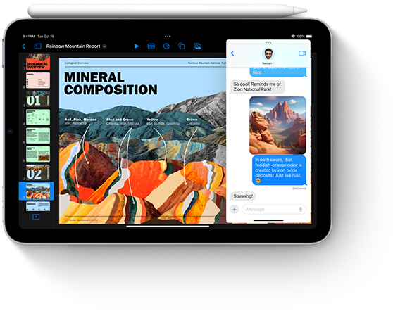 iPad&nbsp;mini معروض في وضع أفقي مع قلم Apple وُضع على الجزء العلوي منه. تُبرز الشاشة قدرات تعدد المهام وميزات Apple&nbsp;Intelligence الجديدة في iPad&nbsp;mini.‏