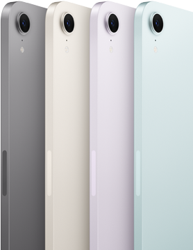 صورة تعرض الجهة الخلفية والكاميرا لأربعة من موديلات iPad&nbsp;mini بألوانه المتوفرة: الرمادي الفلكي، وضوء النجوم، والليلكي، والأزرق