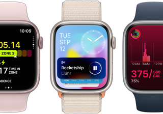 A front view of five Apple Watch devices showing how much more information is on each thanks to the Watch OS 10 update.