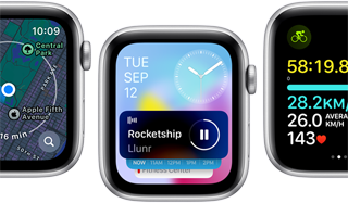 Front view of Apple Watch SE screens displaying various updated app screens.