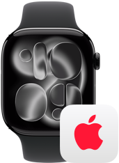 Apple Watch Series 11، إطار ألومنيوم بلون أسود لامع، الجزء الخارجي الأيمن: التاج الرقمي، حزام رياضي أسود، شعار AppleCare+