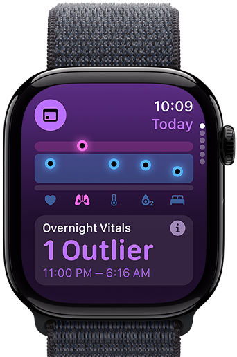 Vitals app showing overnight vitals with one outlier on an Apple Watch Series 10