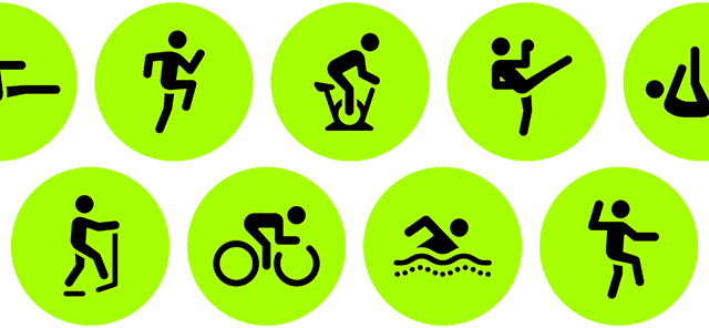 Workout app activities, including cycling, swimming, dancing, and more, represented by icons