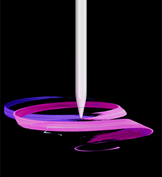 Apple Pencil Pro about to touch down on the display of iPad Pro with a colorful graphic created with Apple Pencil Pro.