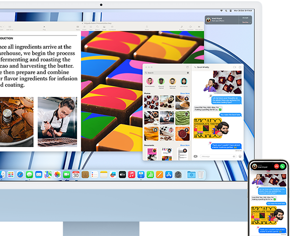 iMac next to an iPhone, showing Continuity feature by sharing a text conversation and photos between iPhone and iMac.