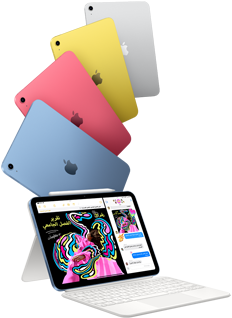 أجهزة iPad باللون الأزرق والوردي والأصفر والفضي مع جهاز iPad مثبت في المحفظة بلوحة مفاتيح ماجيك مع قلم Apple