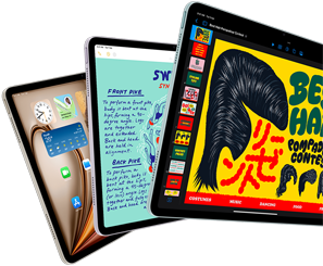 Three iPad Air displays showing iPadOS and apps features