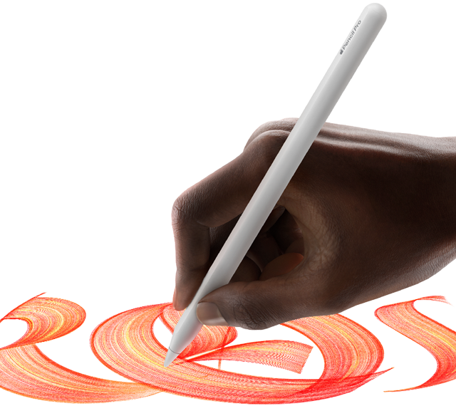 قلم Apple&nbsp;Pro يُستخدم لكتابة نص ملون ومتداخل تمسكه يد أحد المستخدمين