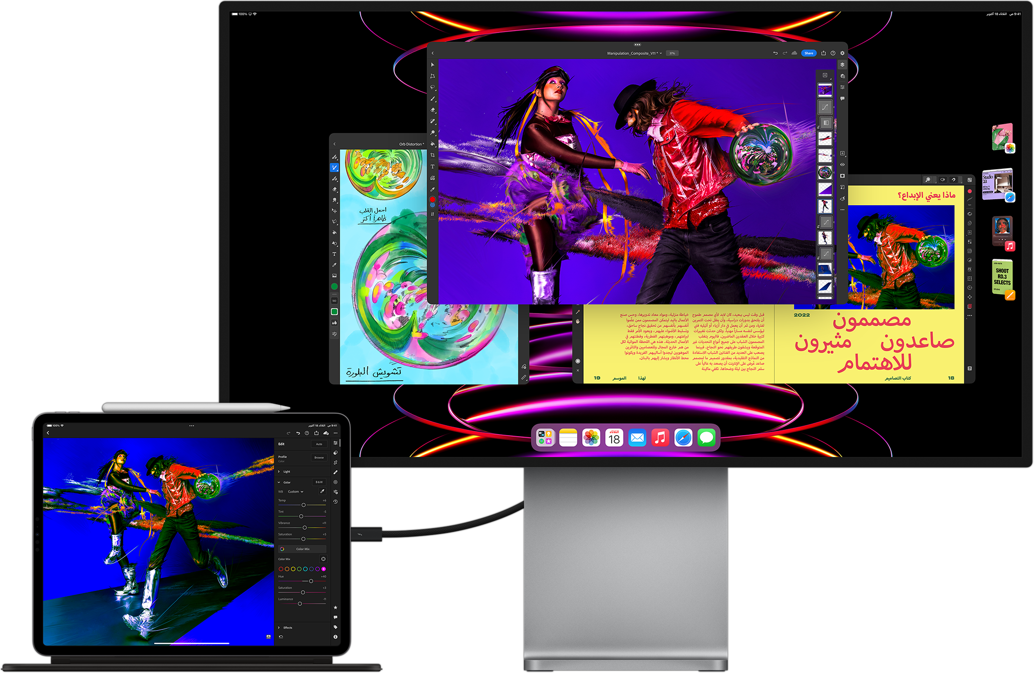 iPad Pro showing LumaFusion app connected to external display showing multitasking with Stage Manager.