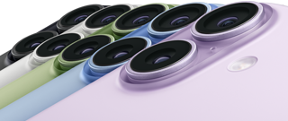 iPhone 17، الجزء الخلفي الخارجي، نظام كاميرا Fusion مزدوجة، كل الألوان الخمسة متداخلة: أسود، وأبيض، وأخضر رمادي، وأزرق ضبابي، وليلكي ناعم