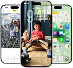 iPhone 17، الجزء الأمامي الخارجي، Dynamic Island في الوسط قرب الجهة العلوية، ثلاثة ألوان: أزرق ضبابي، وليلكي ناعم، وأخضر رمادي